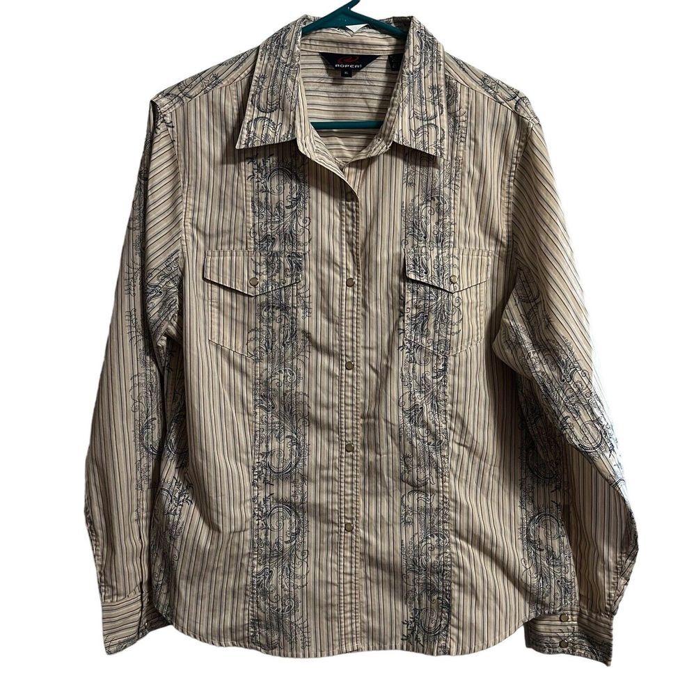 Roper Western Shirt Mens XL Tan Stripe Paisley Pearl Snap Long Sleeve Cowboy